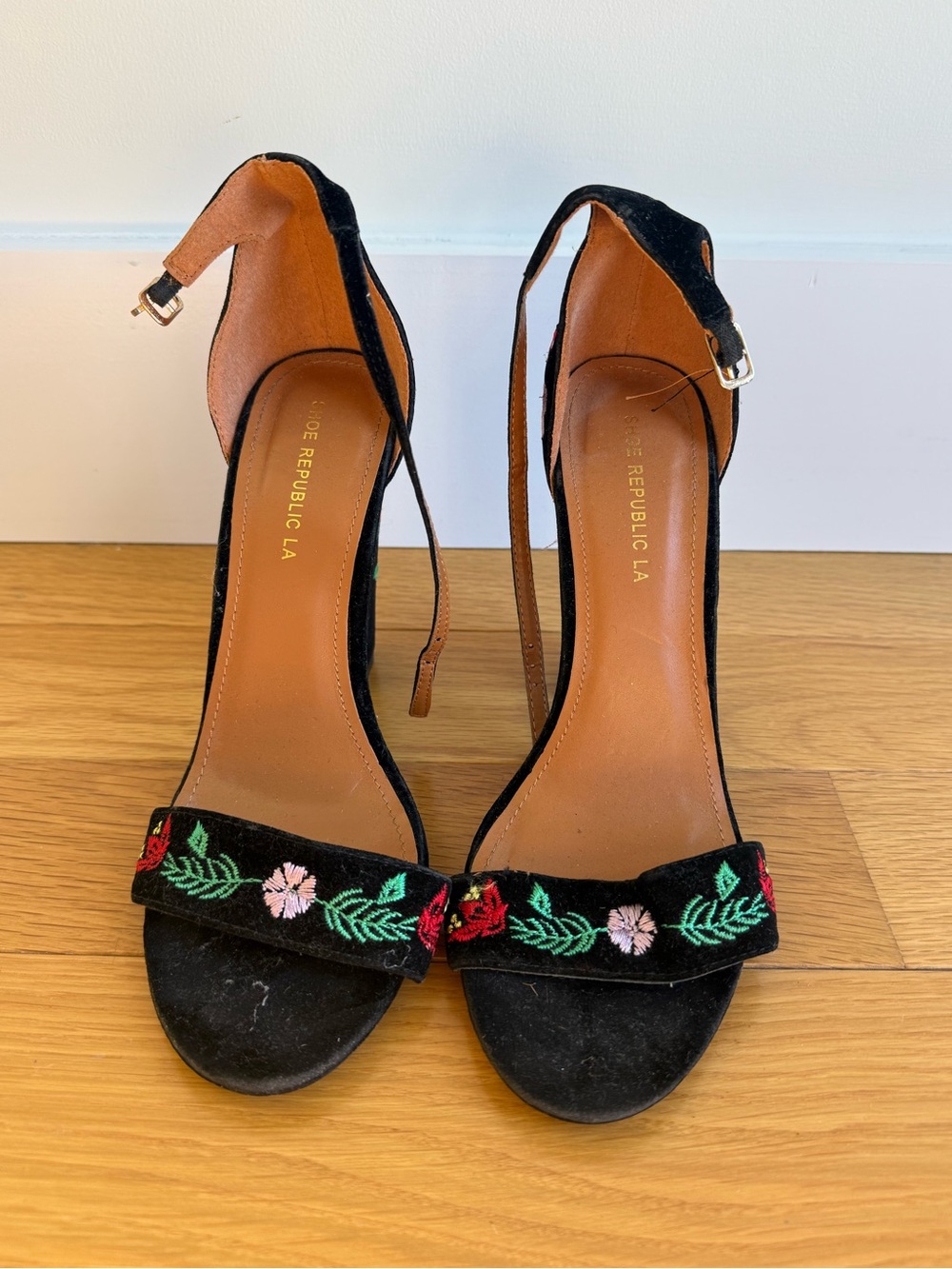 Black Embroidered Floral Ankle-Strap Heels